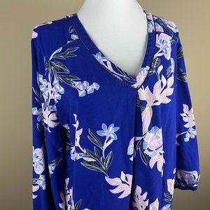 St. John's Bay 3/4 Sleeve Tunic Top Blouse Size XL Blue Purple White, Floral
